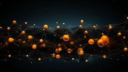 Orange neon points lights on dark background. Illustration of a network of lights connected into a web. Data transfer and integration into one network.  - obrazy, fototapety, plakaty