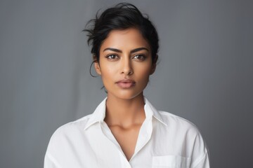 Fototapeta premium Portrait of a content indian woman in her 20s wearing a simple cotton shirt against a plain white digital canvas. AI Generation