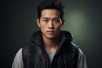 Obraz premium Portrait of a tender asian man in his 20s dressed in a water-resistant gilet against a bare monochromatic room. AI Generation