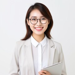 Image of young asian woman, company worker in glasses, smiling and holding digital tablet, standing over white background