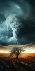Vertical shot of a tornado with lightning striking the fields at sunset, Generative AI