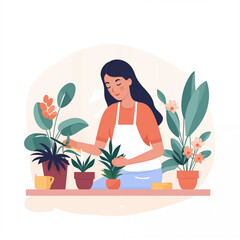 A florist woman working with plants - obrazy, fototapety, plakaty