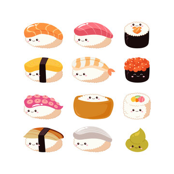 Cute sushi clipart collection cartoon style vector