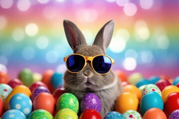 Fototapeta na wymiar Easter bunny rabbit in cool sunglasses wit colorful easter eggs .Easter egg hunt concept. bunny easter with sunglasses and eggs in hipster style. Cool Easter bunny wearing sunglasses