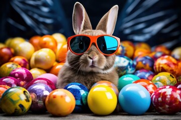Easter bunny rabbit in cool sunglasses wit colorful easter eggs .Easter egg hunt concept. bunny easter with sunglasses and eggs in hipster style. Cool Easter bunny wearing sunglasses - obrazy, fototapety, plakaty