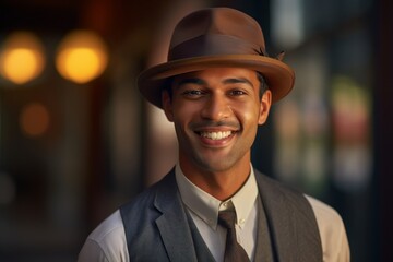 Portrait of a smiling indian man in his 30s donning a classic fedora against a stylized simple home office background. AI Generation