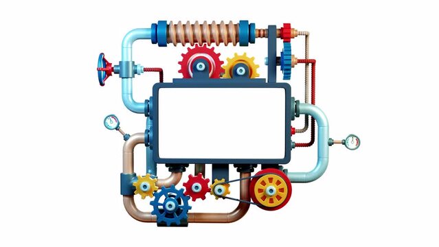 3D mechanism with gears, pipes and a screen for inserting something. A working fantastic device - a template with a screen. Looped video with alpha channel.
