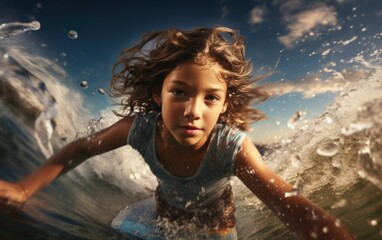 Close-up portrait photography of a kid girl surfing in the sea. kid playing on surfboard in sunshine. Portrait of a caucasian young long-haired curly girl surfer on a wave. Generative ai - obrazy, fototapety, plakaty
