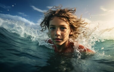 Close-up portrait photography of a kid boy surfing in the sea. kid playing on surfboard in sunshine. Portrait of a caucasian young long-haired curly boy surfer on a wave. Generative ai