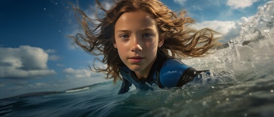 Close-up portrait photography of a kid girl surfing in the sea. kid playing on surfboard in sunshine. Portrait of a caucasian young long-haired curly girl surfer on a wave. Generative ai