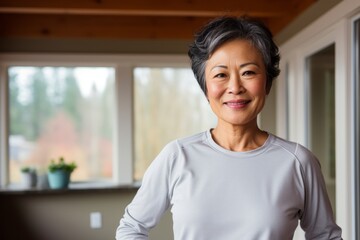 Portrait of a joyful asian woman in her 70s sporting a long-sleeved thermal undershirt against a stylized simple home office background. AI Generation