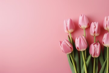 Fototapeta premium Tulip flowers flat lay isolated on pink background with copy space for mother's day.