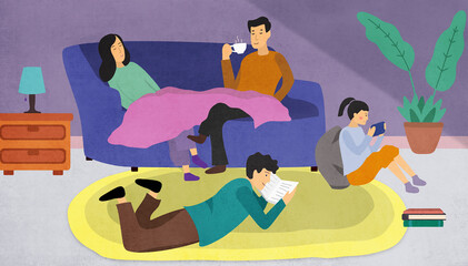 Cosy family relaxing at home