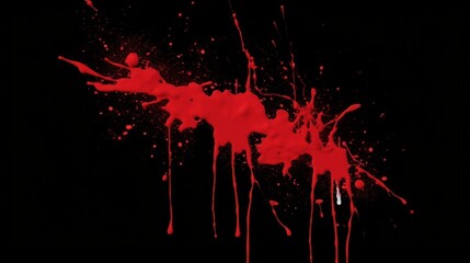 Red paint splash on black background. Blood Splatter. Splash and drops of red liquid.
