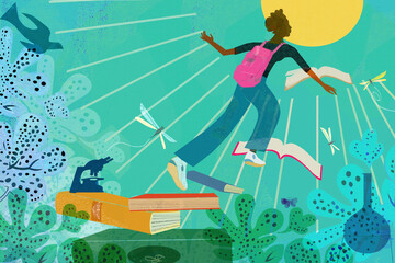 Teenage girl taking off from pile of books