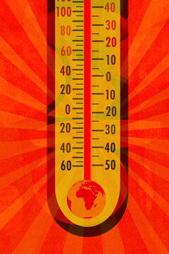 Globe In Thermometer With High Temperatures In Africa, Europe And The Middle East