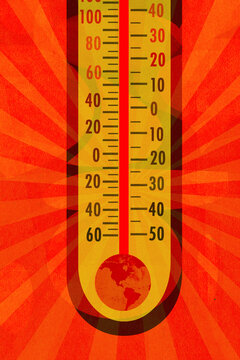 Globe in thermometer with high temperatures in North and South America