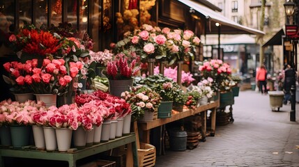 Flower market in Paris, France. Blooming flowers in pots.