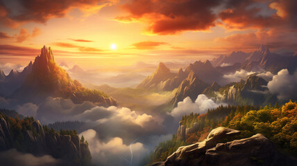 A fantastic dreamy sunrise on the pinnacle of a rocky mountain, with the sun painting the sky in warm colors 