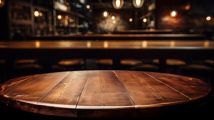 Rustic wooden round table surface in warm luxury style cafe. Blur bokeh background with copy space for place display product.