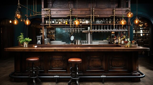 empty round wooden table surface with blurred bar background - Powered by Adobe