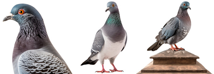 Set of city pigeons. Dove in profile. A city pigeon sits on a fence/post. Full length dove. Isolated on a transparent background.