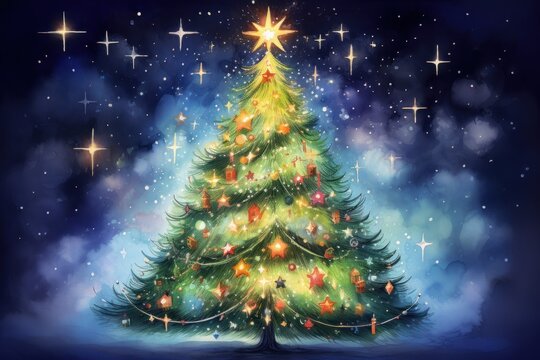  a painting of a christmas tree with a star on top of it and lights on the top of the tree and stars on the bottom of the top of the tree.