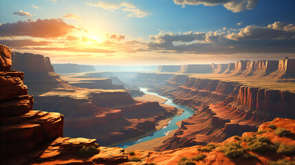 Beautiful landscape looks like Grand Canyon at sunset, with mountains and river going to horizon 