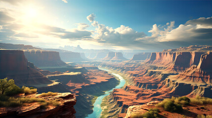 Beautiful landscape looks like Grand Canyon at sunset, with mountains and river going to horizon 