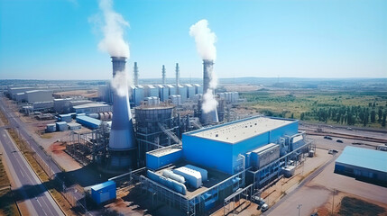 Industrial landscape, with Traditional thermal power plant  generating heat, producing steam and smog. Environmental concept - obrazy, fototapety, plakaty