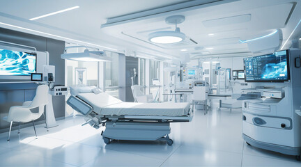 Interior of modern hospital operation room with medical equipment and monitoring screens - Powered by Adobe