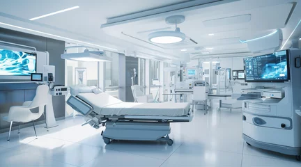 Fotobehang Interior of modern hospital operation room with medical equipment and monitoring screens © IRStone