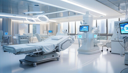 Interior of modern hospital operation room with medical equipment and monitoring screens