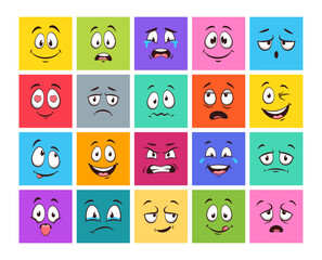 Face expressions. Vector icon set of cartoon character face expressions with smiling, laughing, dreaming, fall in love, sad, fear, crying, cheerful mouth and eyes. Emoji emotion in different mood.