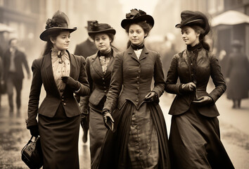 Young European ladies of 1880th, students, friends group walking one street, vintage photo  - obrazy, fototapety, plakaty