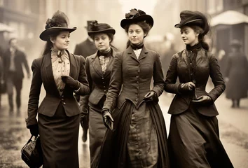 Fotobehang Young European ladies of 1880th, students, friends group walking one street, vintage photo  © IRStone