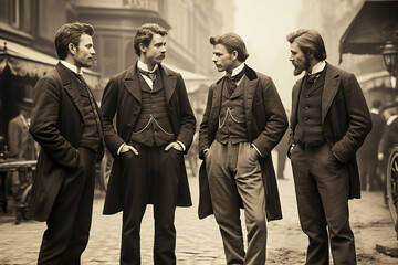 Rich English men walking on street, 1880th fashion, vintage photo - obrazy, fototapety, plakaty