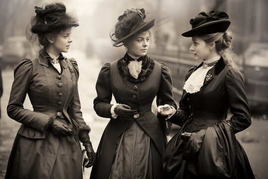 Young European ladies of 1880th, students, friends group walking one street, vintage photo 