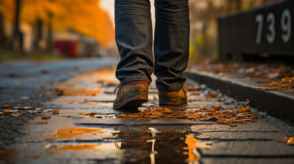man walking on the rainy street with autumn leaves sad old shoes close up shot-- Generative Ai - Powered by Adobe