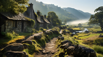 Epic Scottish landscape with stone made cottages, grey sky, mountains, river and green fields - obrazy, fototapety, plakaty