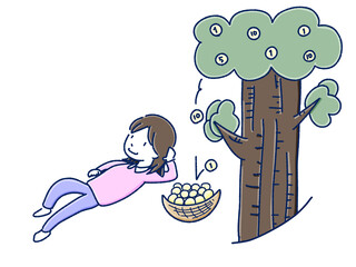 お金のなる木の横でのんびりしている女性