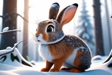Foto op Aluminium Cute gray hare in a beautiful snowy winter forest - Cartoon style © Giuseppe Cammino