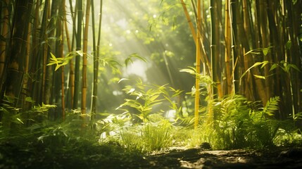 Panorama of the sun shining through the trees in the bamboo forest