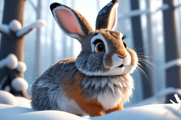 Cute gray hare in a beautiful snowy winter forest - Cartoon style