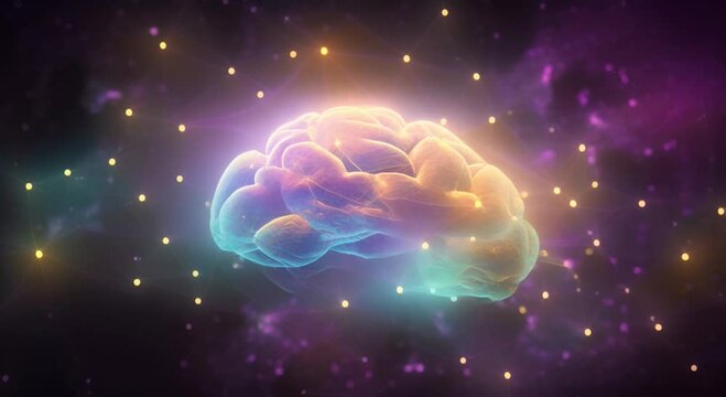 A conceptual video of a brain with neural connections against a cosmic backdrop, symbolizing artificial intelligence and cognitive processes. The concept of neural networks and artificial intelligence
