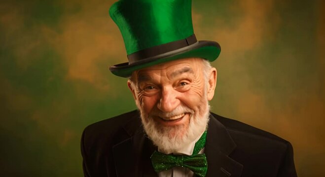 A happy elderly man in a green hat and bow tie, smiling against a background of orange lighting. The concept of celebrating St. Patrick's Day