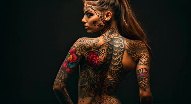 A woman with full body tattoos in a pose displaying various designs and patterns against a dark background. The concept of nonstandard appearance.