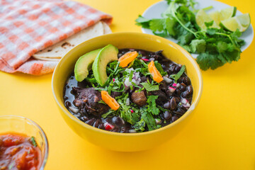 Frijol con puerco - imágenes, fotografías de comida yucateca tradicional, cocina maya ancestral a base de frijol negro y distintos ingredientes cilantro, rábano, cebolla, chile en fondo de color. © PedroFrancisco
