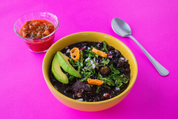 Frijol con puerco - imágenes, fotografías de comida yucateca tradicional, cocina maya ancestral a base de frijol negro y distintos ingredientes cilantro, rábano, cebolla, chile en fondo de color. © PedroFrancisco