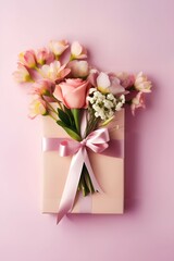 Pink Tulips Erupting from a Gift Box, Perfect for Mother's Day and Spring Celebrations, greeting card, template, space to copy, empty space for text, for events, advertisement, engagement, bridal show